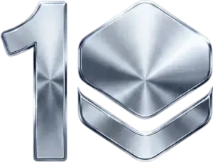 Silver chrome "10" with the zero styled after the Stack Media icon, celebrating 10 years